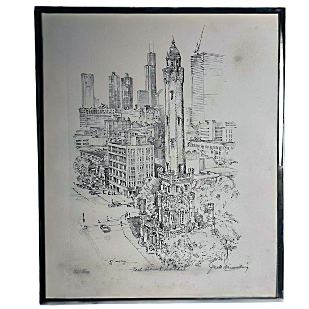 Jack Simmerling Signed Chicago Ink Drawing 43/500 “Fish Bowl Gothic”